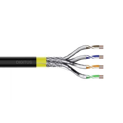 Schnittdarstellung eines DIGITUS Ethernet-Kabels, das vier verdrillte Drahtpaare mit farbigen Leitern zeigt, die sich von der Ummantelung erstrecken.