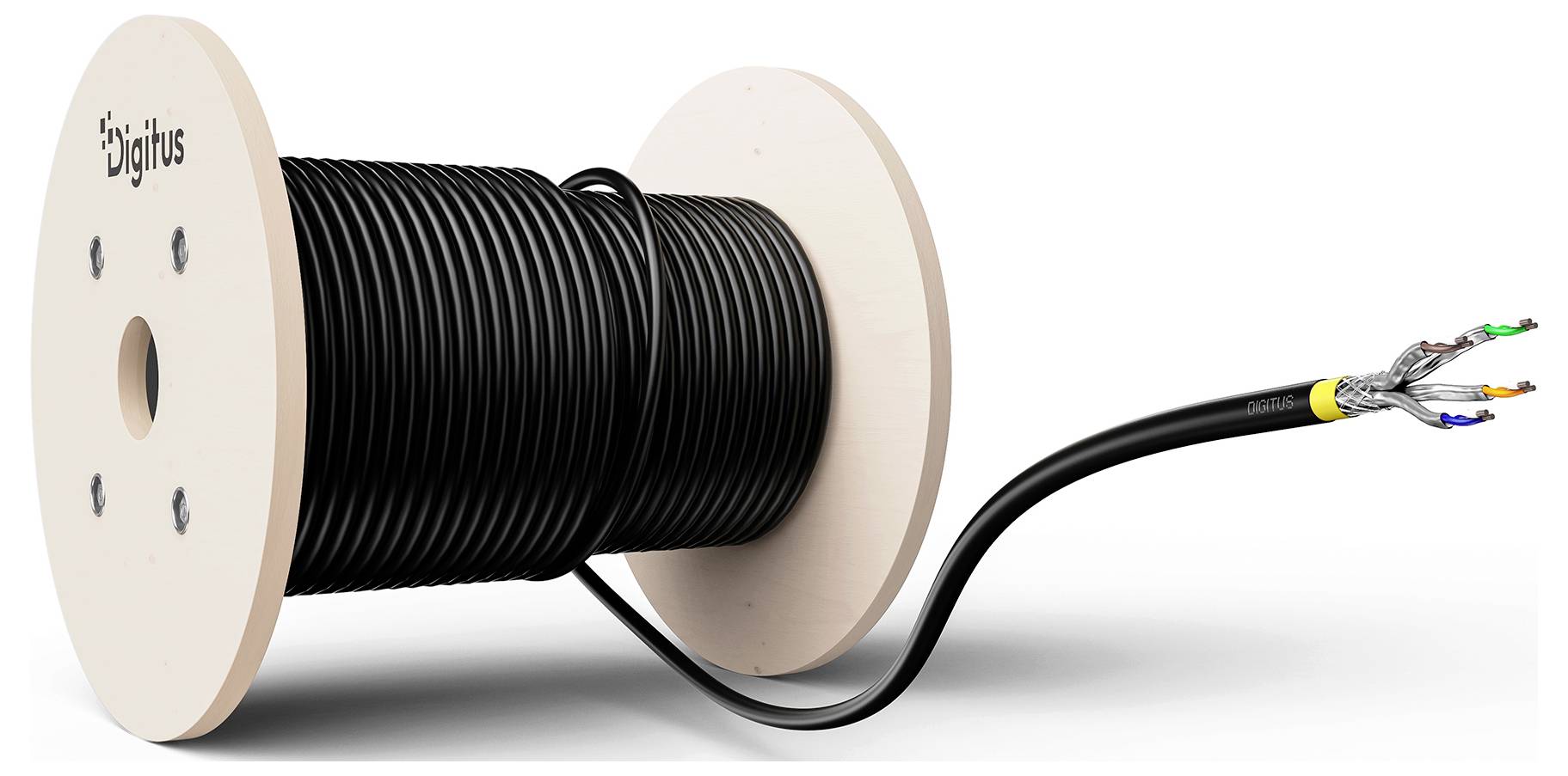 Schwarzes Kabel, das auf einer Holzspule aufgewickelt ist, mit abisoliertem Ende, das mehrere farbige Leiter und metallische Abschirmung zeigt.