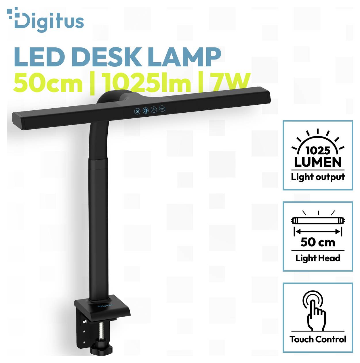 Digitus LED-Schreibtischleuchte mit 50 cm Leuchtenkopf, 1025 Lumen Lichtstrom, 7W Leistung und Touchsteuerung; schwarz mit Klemme montierte Leuchte mit Funktionssymbolen.