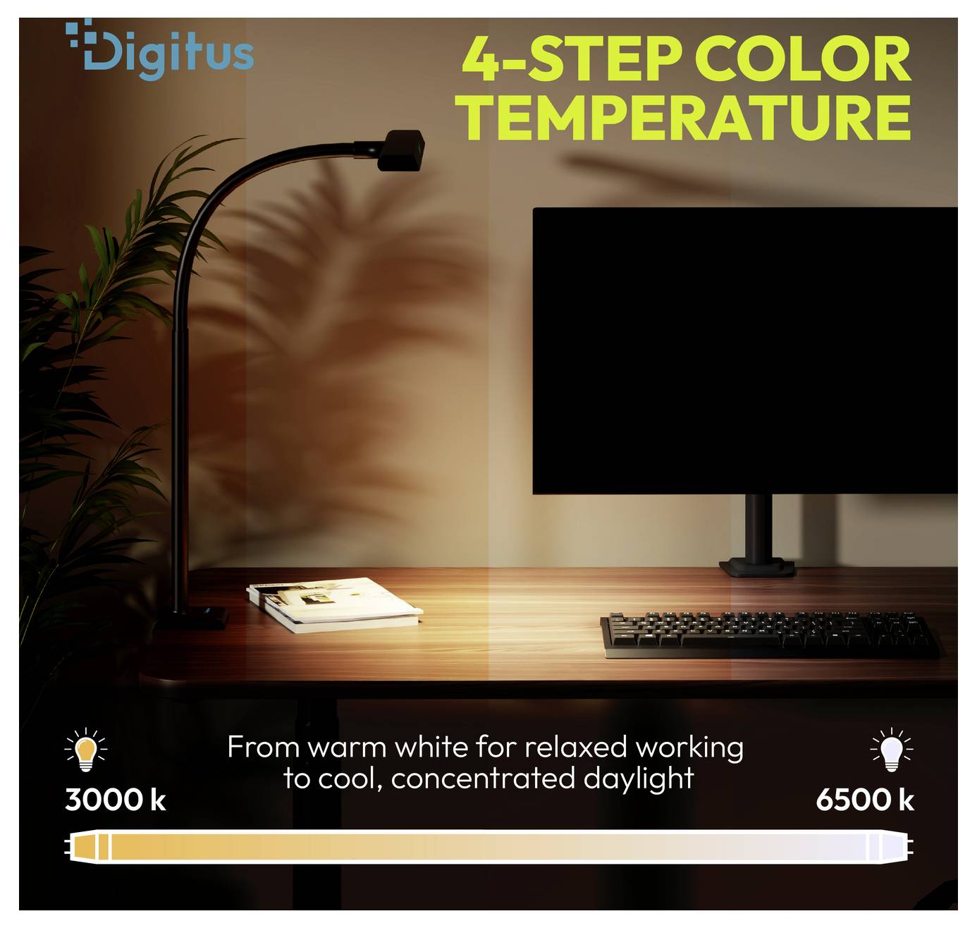 Plakat mit einer Schreibtischlampe und einem Monitor sowie dem Text „4-STUFEN-FARBTEMPERATUR" und einer Farbtemperaturskala von 3000K bis 6500K für warmes bis kühles weißes Licht.