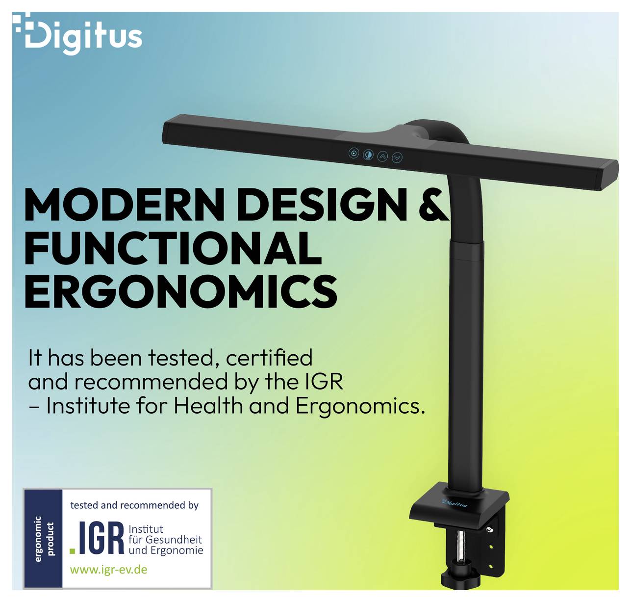 Digitus ergonomisches Monitor-Leuchten-Licht mit deutschem Text: 'Modernes Design & funktionale Ergonomie' und IGR getestet/empfohlene Zertifizierung.