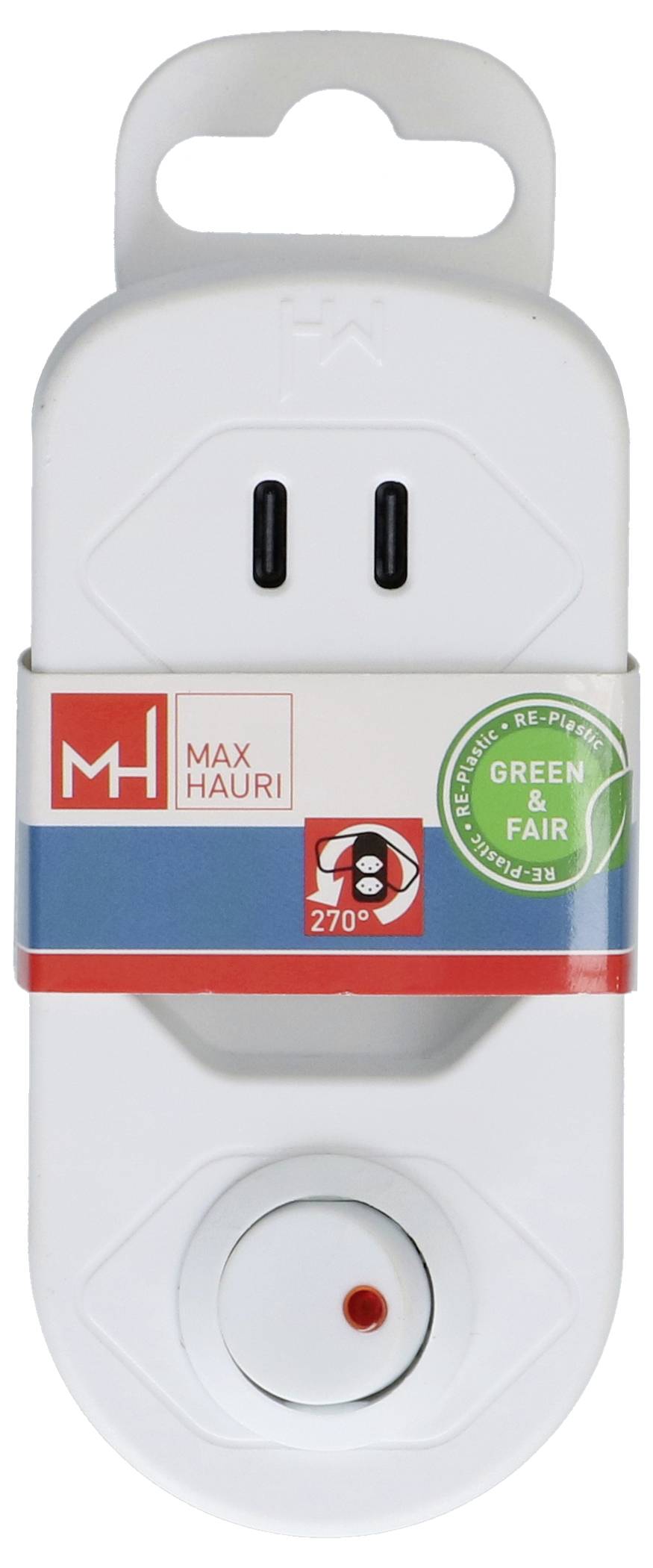 Wiederverwendbarer weißer Handwärmer mit Tragegriff, beschriftet mit „MAX MAURI", „GREEN & FAIR" und „270°".