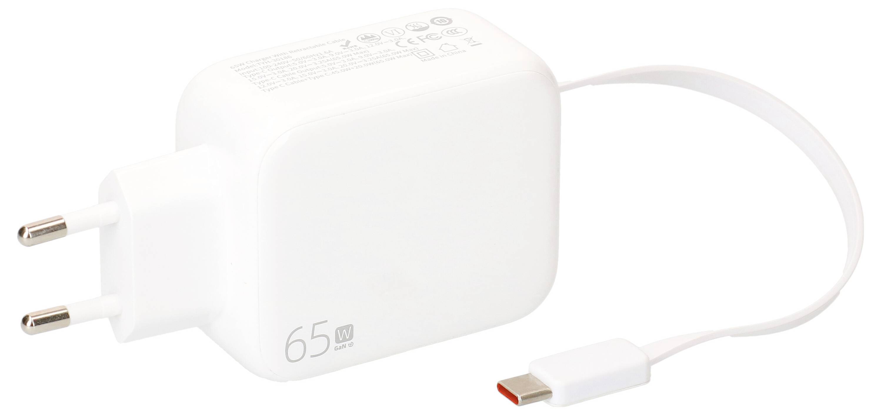 Weiße 65-W-USB-C-Wandladegerät mit angebrachtem Kabel und zweipoliger Steckvorrichtung
