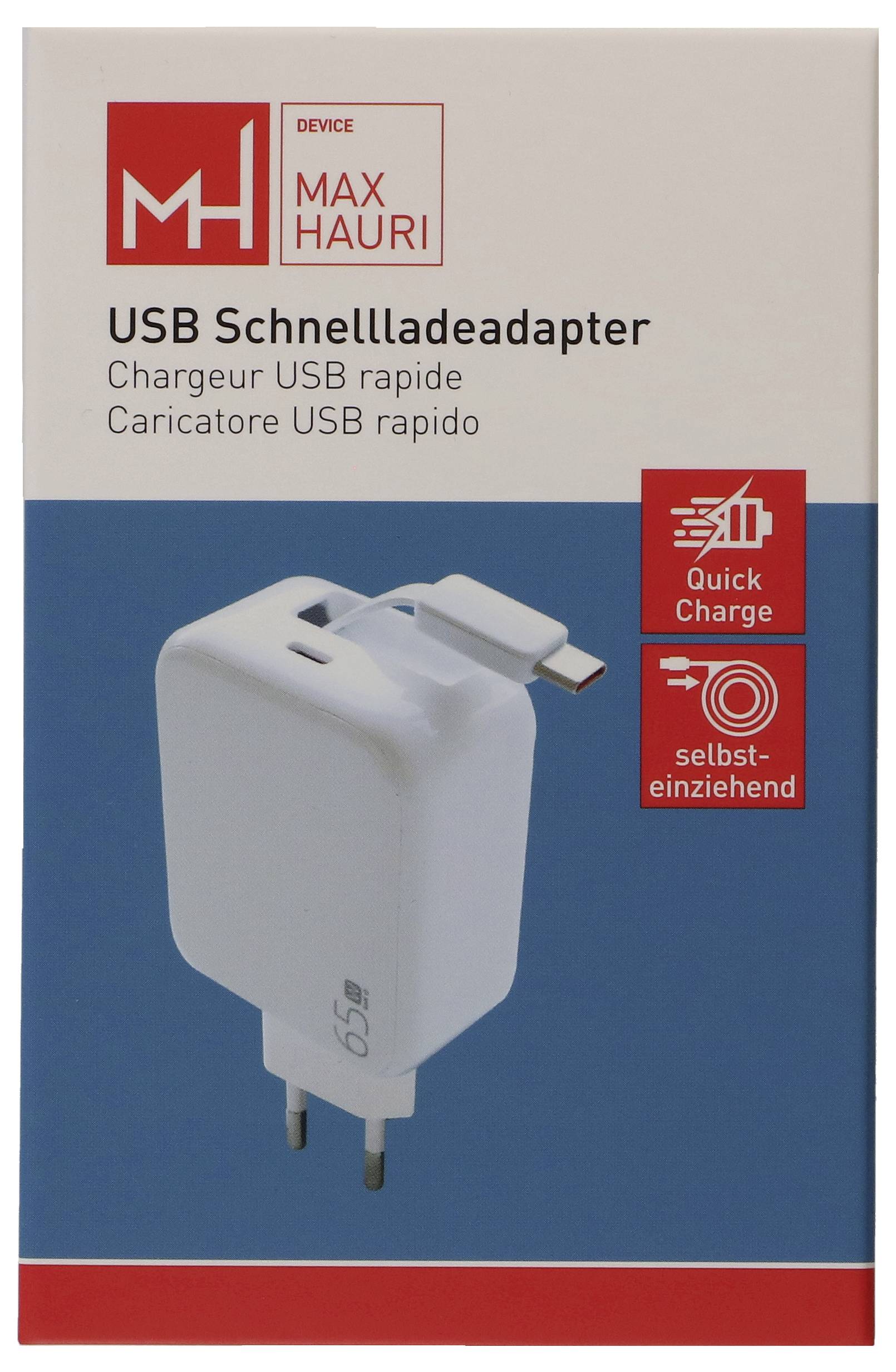Verpackung eines USB-Schnellladeadapters von MAX HAURI mit Bild des weißen Netzteils, beschriftet mit 'Quick Charge' und 'selbst-einziehend'.
