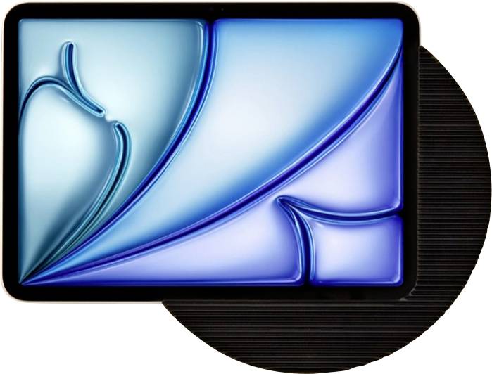 Abstraktes blaues, glasähnliches App-Symbol mit fließenden, geschwungenen Formen auf schwarzer abgerundeter Basis und gestreiftem Halbkreis-Hintergrund
