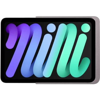 Tablet, das ein buntes abstraktes „mi"-Logo auf einem schwarzen Bildschirm anzeigt, mit purpurroten, blauen und blaugrünen Farbverlauf-Strichen.