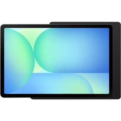 Ein schwarzes Tablet mit einer hellen blau-grünen abstrakten Tapete auf dem Bildschirm, frontal dargestellt.
