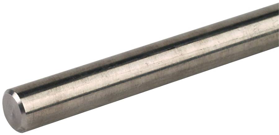 Nahaufnahme einer glatten Metallstange oder zylindrischen Welle mit polierter silberner Oberfläche auf weißem Hintergrund.