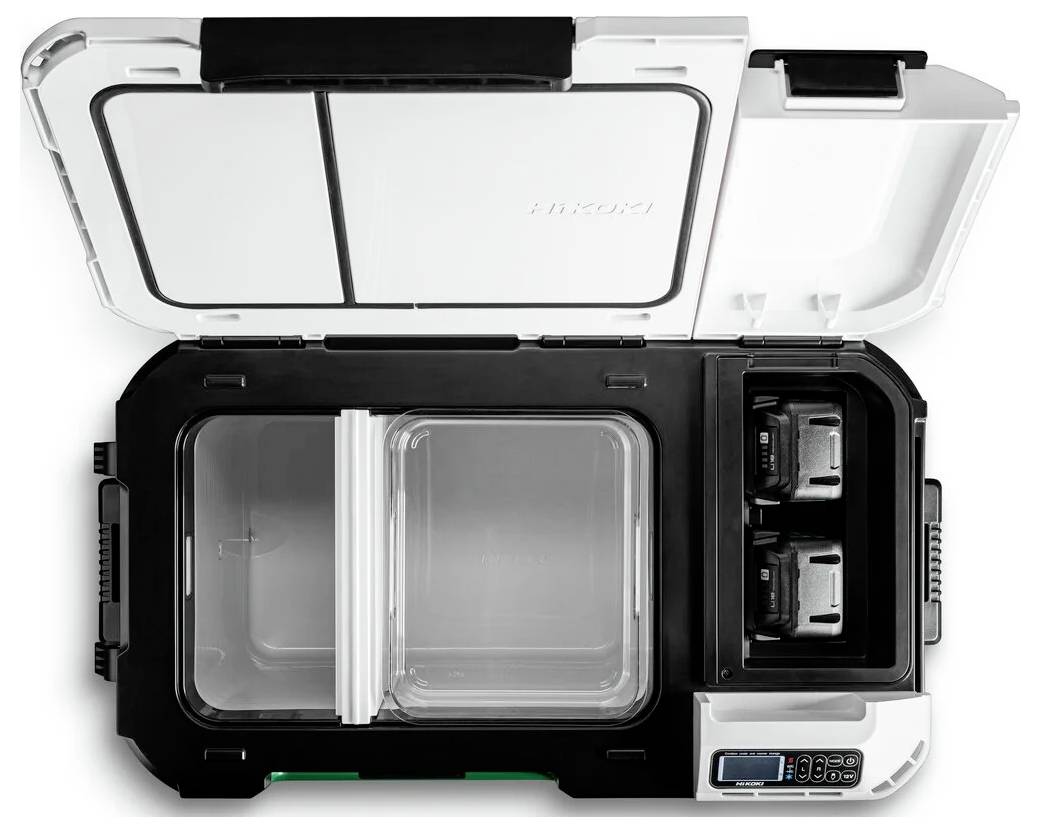 Draufsicht auf einen offenen tragbaren Speisewärmer in Schwarz-Weiß mit zwei leeren Behältern, Verschlussfächern und einem digitalen Bedienfeld.
