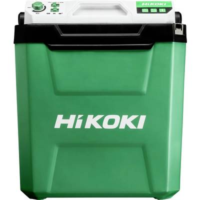 Grüne tragbare HiKOKI-Kühlbox oder Aufbewahrungsbox mit schwarzem Deckel und weißem Tragegriff auf neutralem Hintergrund.