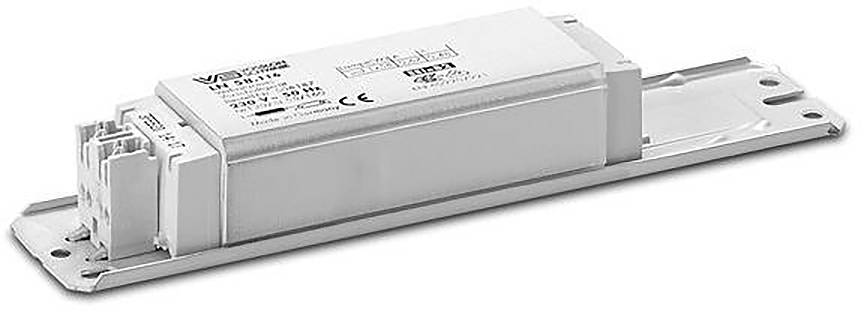 Weißes elektronisches Vorschaltgerätmodul mit Metallmontageklammer und Steckverbindern, gezeigt in einem produktstilisierten Foto auf weißem Hintergrund.