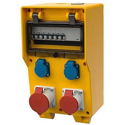 Gelbe elektrische Stromverteilungsbox mit Schutzschaltertafel und vier Steckdosen auf der Vorderseite montiert, zwei blau und zwei rot.