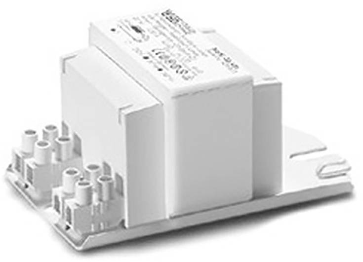 Weißes elektrisches Transformator- oder Vorschaltgerätmodul mit Anschlussanschlüssen auf einer Grundplatte, dargestellt in der Produktansicht.