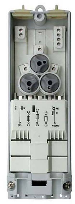 Elektrisches Schaltschrank-Klemmenblock mit drei großen Rundbuchsen und beschrifteten Anschlußpunkten für L1, L2, L3, PE und N.