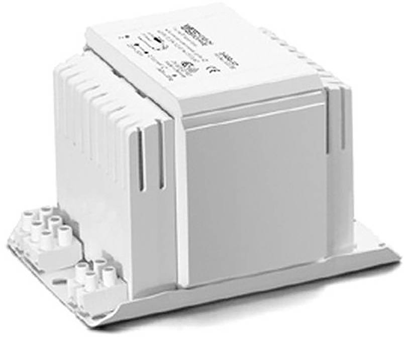 Weiße rechteckige elektrische Transformator-/Vorschaltgerät-Einheit auf einem Sockel mit Anschlussklemmen.