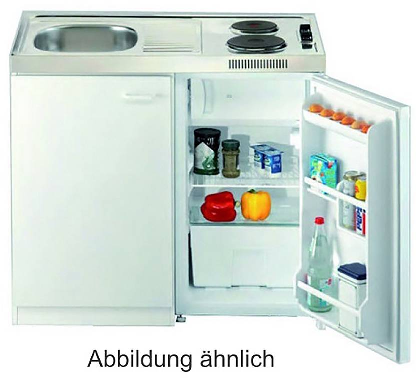 Kleiner weißer Mini-Kühlschrank mit einem oberen Kochfeld und offener Tür, die Regale mit Lebensmitteln, Flaschen und einigen Behältern zeigt.