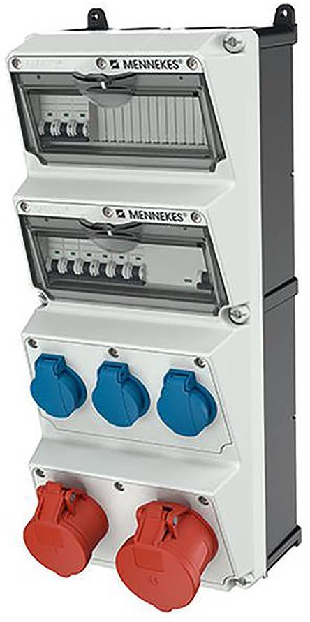 Industrielle Elektroverteilbox mit zwei Leistungsschaltertafeln und fünf abgedeckten Steckdosen, bestehend aus drei blauen und zwei roten Steckern.