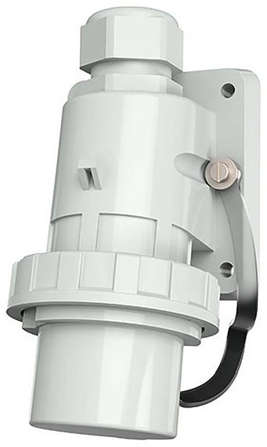 Weißer Industrie-Elektrostecker oder Stecker mit Montageklammer und Kabelklemme, dargestellt auf einem einfachen Hintergrund.
