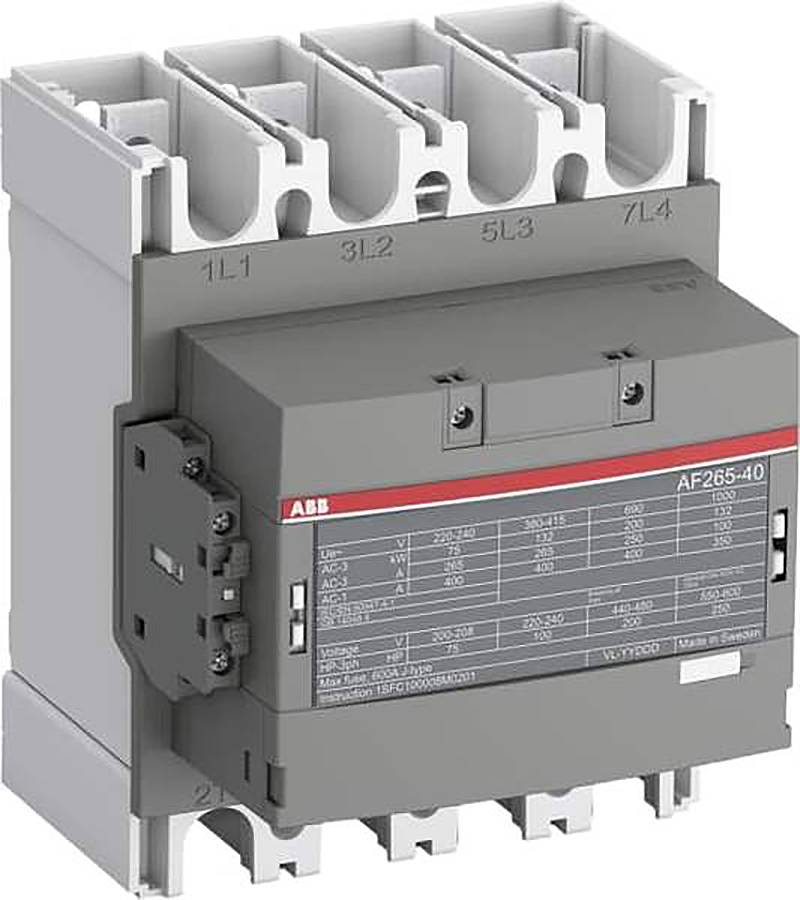ABB AF265-40 elektrischer Schütz mit vier oberen und unteren Anschlüssen, gezeigt in grauem Industrialgehäuse.
