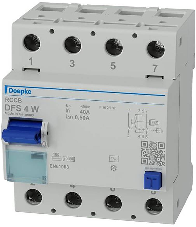 Doepke-Fehlerstromschutzschalter mit blauem Hebel und QR-Code, gekennzeichnet mit DFS 4 W, 40A, 0,50A, mit vier Anschlussöffnungen.