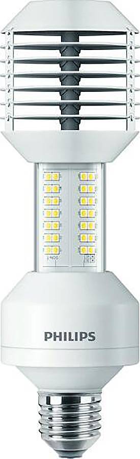Philips LED-Glühbirne mit silberner Edison-Schraubfassung und Lamellenschirm, Vorderansicht gezeigt.