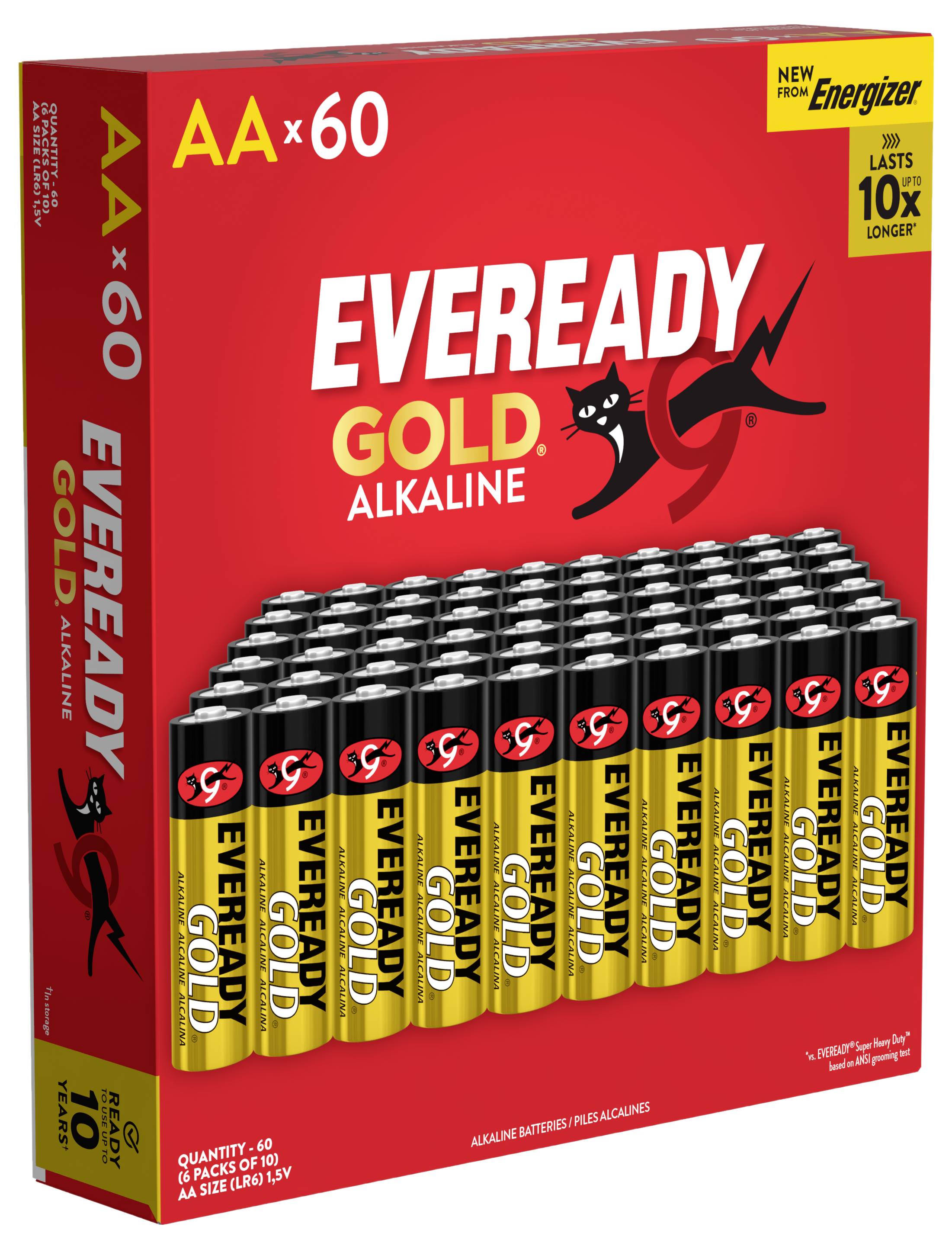 Eveready Gold AA-Alkalibatterien, 60er-Pack, mit dem Versprechen „Hält 10x länger" und gelb-schwarzen Batteriereihen auf roter Verpackung.