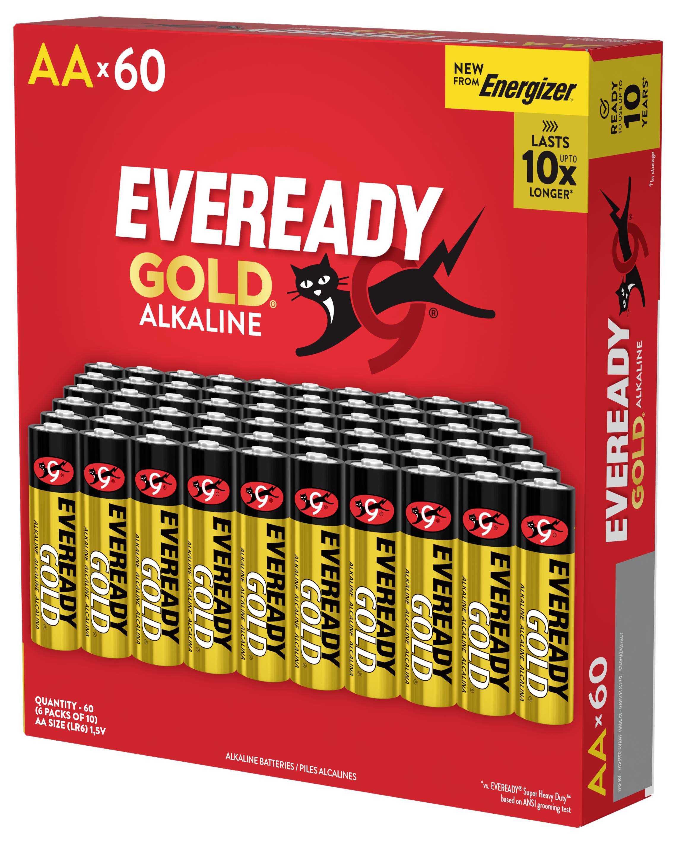 Eveready Gold Alkaline Batteriepackung, AA x 60, rote Box mit 60 Batterien und der Aussage „hält 10-mal länger".