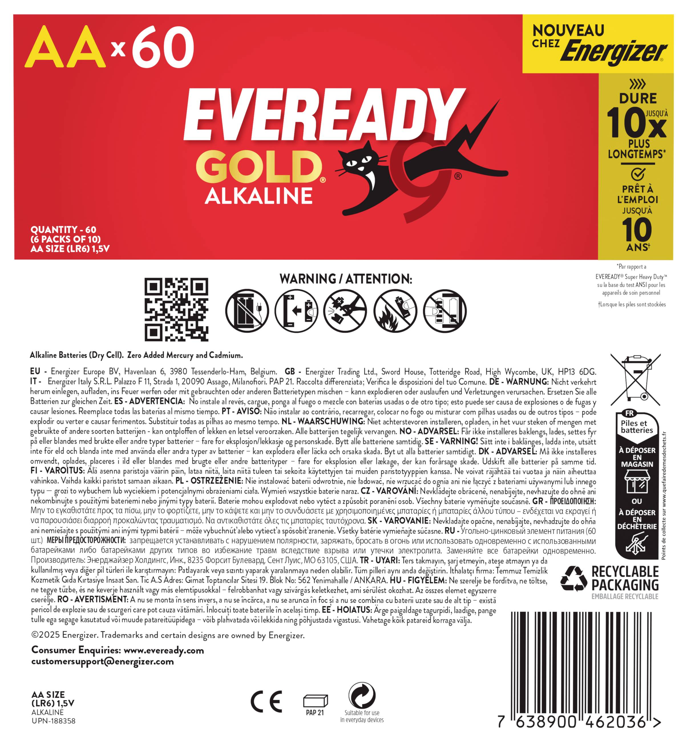 Eveready Gold Alkaline-Batterien AA 60er-Packung in Karton mit rot-gelber Verpackung, QR-Code, Warnsymbolen, Recycling-Symbolen und Produktinformationen.