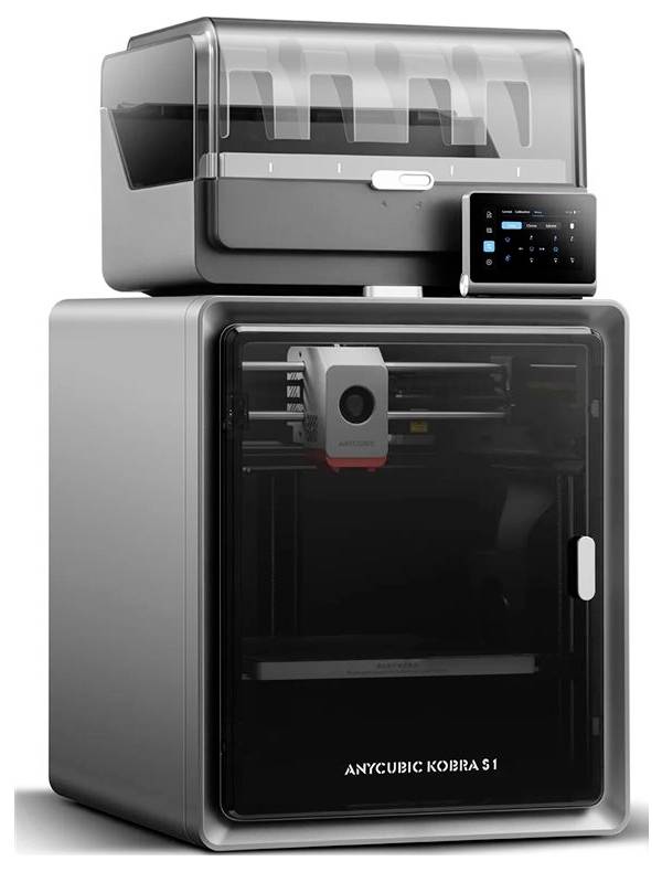 Ein kompakter 3D-Drucker mit oberer Filamenteinschließung, Touchscreen-Bedienfeld und Vordertür mit der Bezeichnung "ANYCUBIC KOBRA S1".