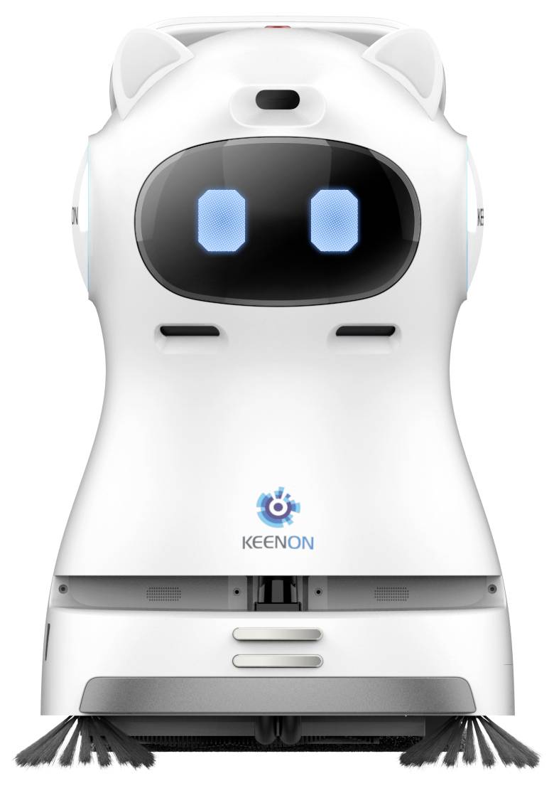 Vorderansicht eines weißen Keenon-Saugroboters mit schwarzem Display-Gesicht und blauen Augen, dargestellt vor einem einfarbigen Hintergrund.