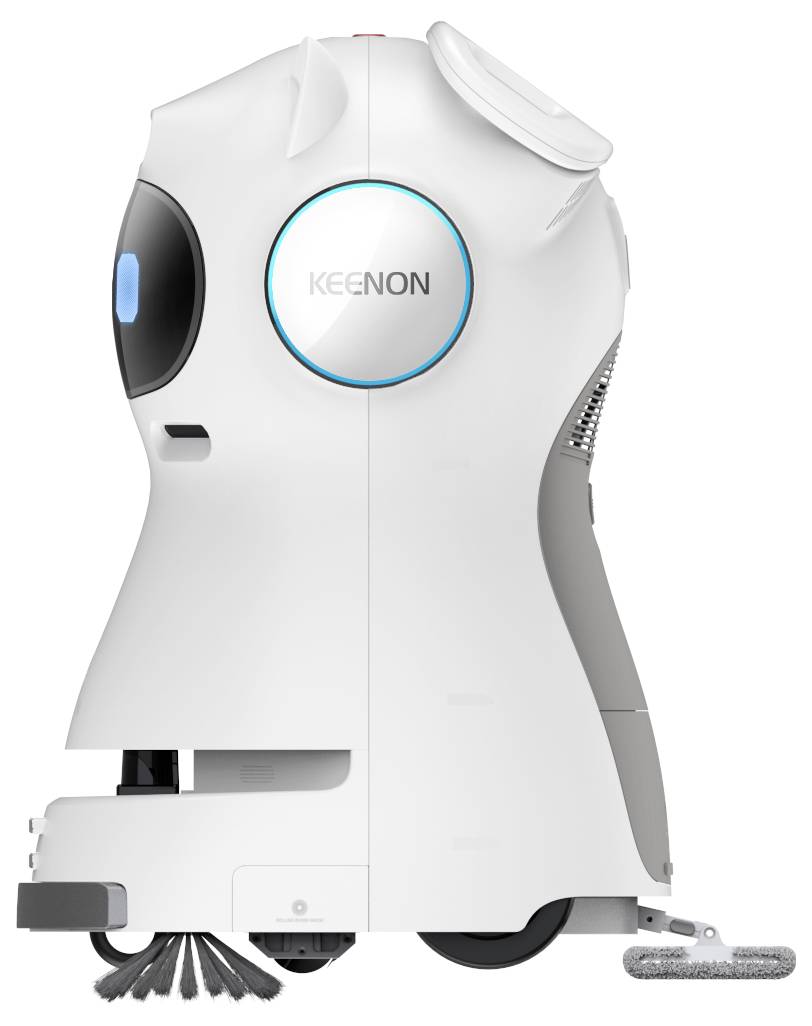 Seitenansicht eines autonomen Reinigungsroboters von KEENON mit Seitenbürste und Wischaufsatz, gezeigt auf weißem Hintergrund.