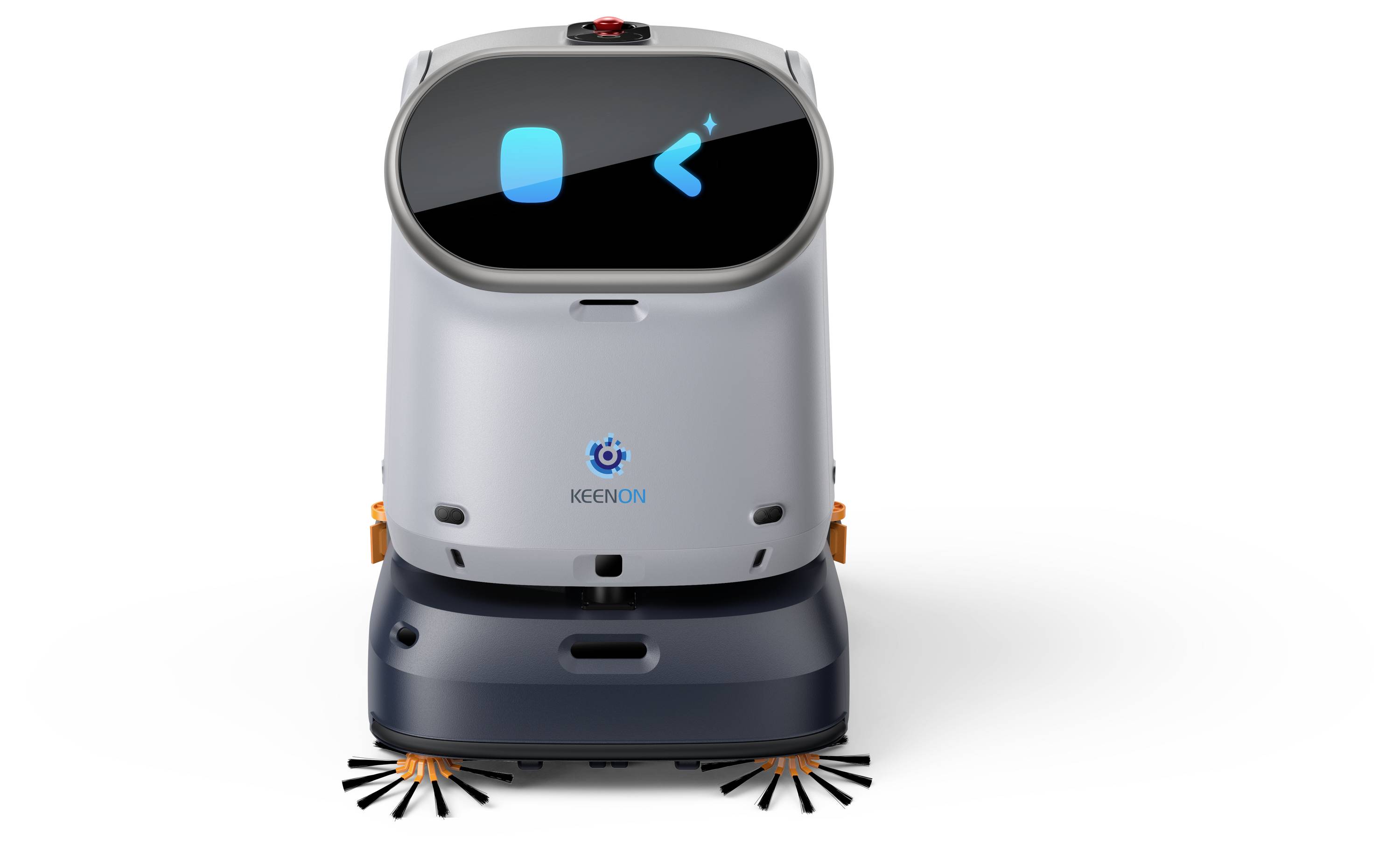 Frontansicht eines KEENON-Roboters zur autonomen Bodenreinigung mit digitalen Augen auf einem Display und rotierenden Bürsten an der Basis.