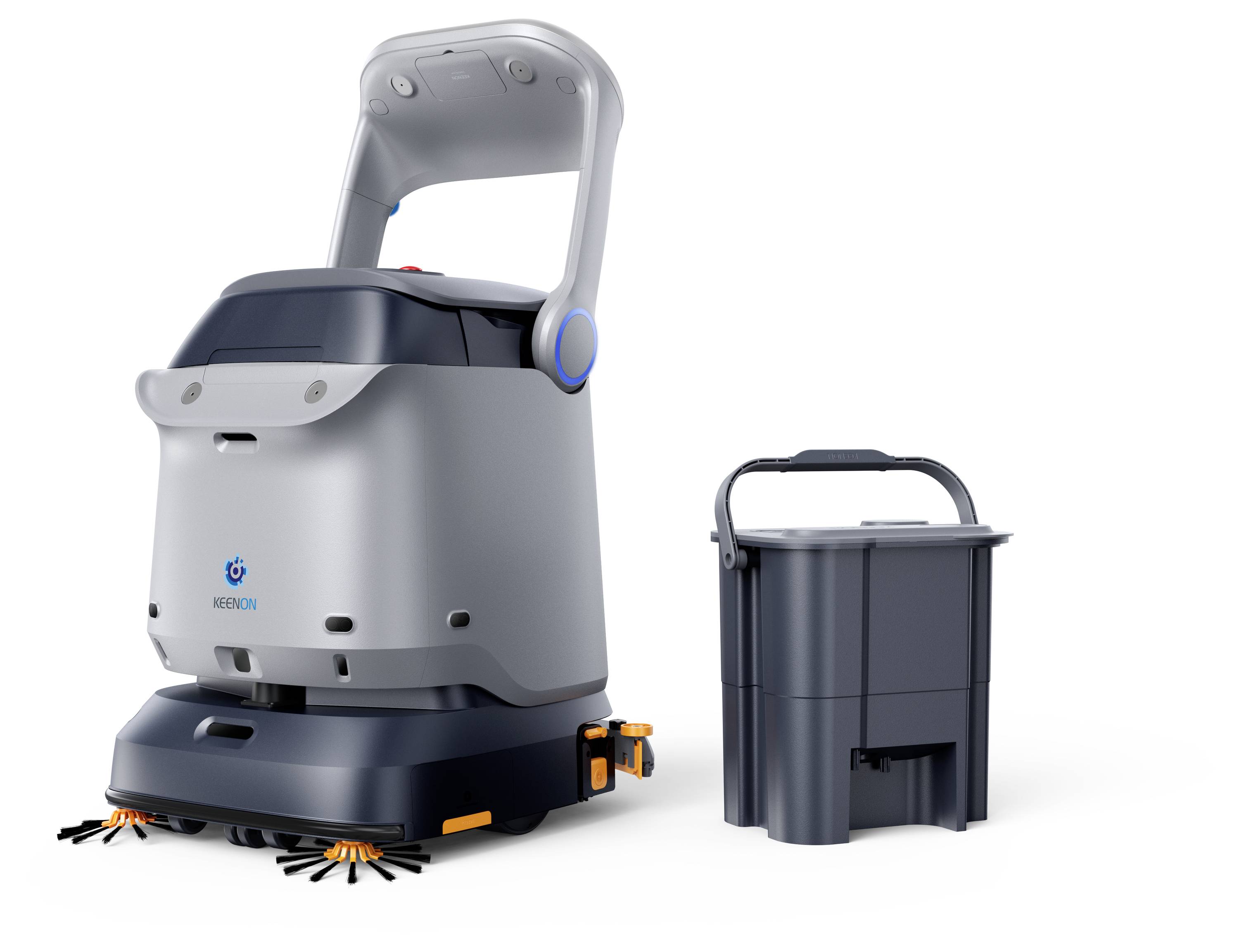 Autonomer Bodenreinigungsroboter mit Bürsten und Griff neben einem fahrbaren grauen Mülleimer, auf weißem Hintergrund dargestellt.