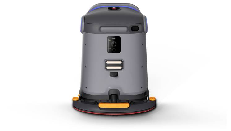 Vorderansicht eines grauen autonomen Reinigungsroboters mit orangefarbenen Akzenten auf weißem Hintergrund.