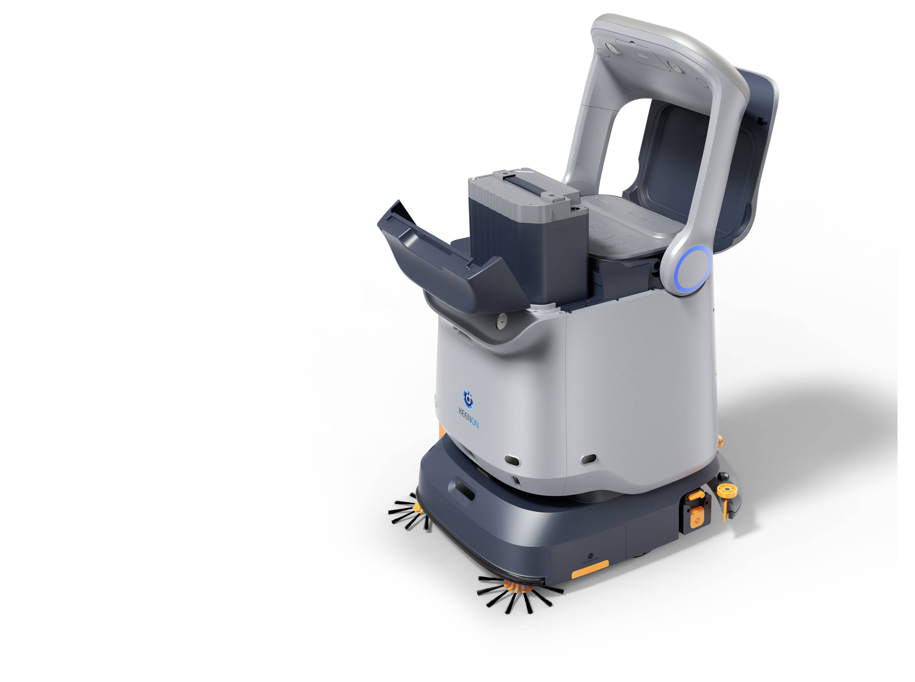 Kompakter autonomer Reinigungsroboter mit doppelten rotierenden Bürsten und einem oberen Griff, dargestellt auf weißem Hintergrund.