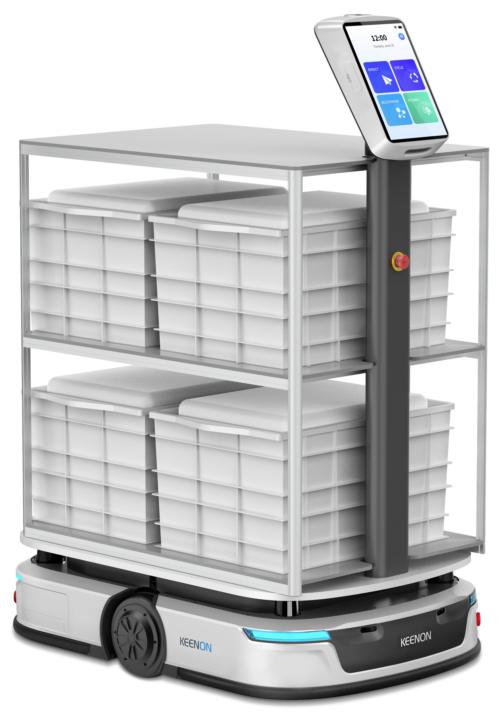 Autonomer mobiler Roboter mit Touchscreen, der gestapelte Kunststoffbehälter auf einem Lagerwagen für den Lagertransport trägt.