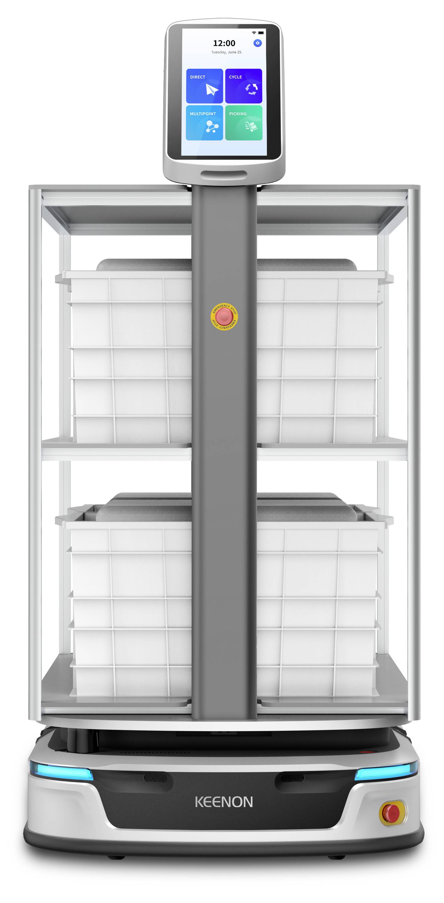 Autonomer KEENON-Serviceroboter mit Touchscreen und Regalen, entwickelt zum Transport und zur Lieferung von Artikeln auf einer fahrbaren Basis.