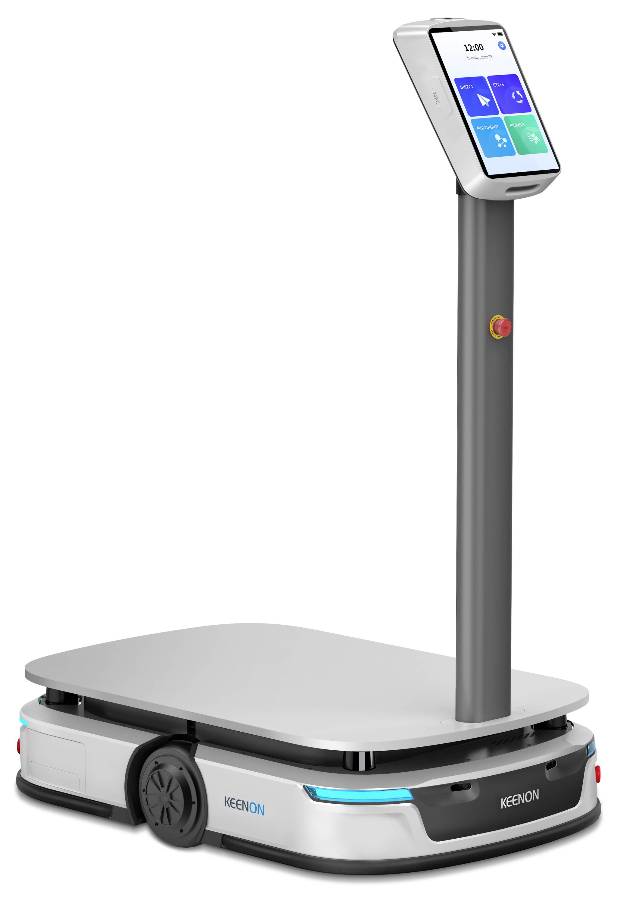 Autonomer Mobilroboter mit Touchscreen-Mast und flacher Plattform, verwendet zum Transport von Waren in Lagern oder industriellen Umgebungen.