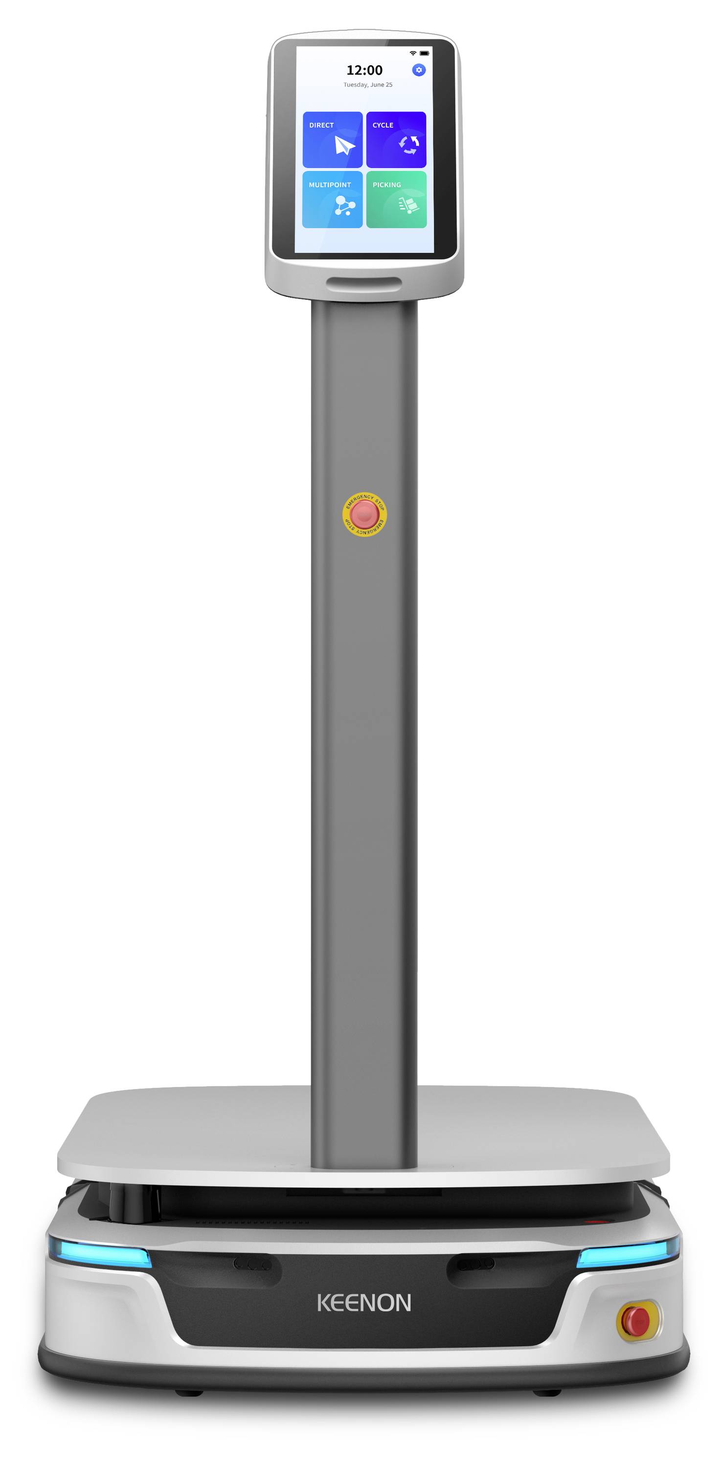 Keenon-Serviceroboter mit Touchscreen-Oberseite und abgerundeter Basis, ein mobiles Lieferwagen für den automatisierten Transport.