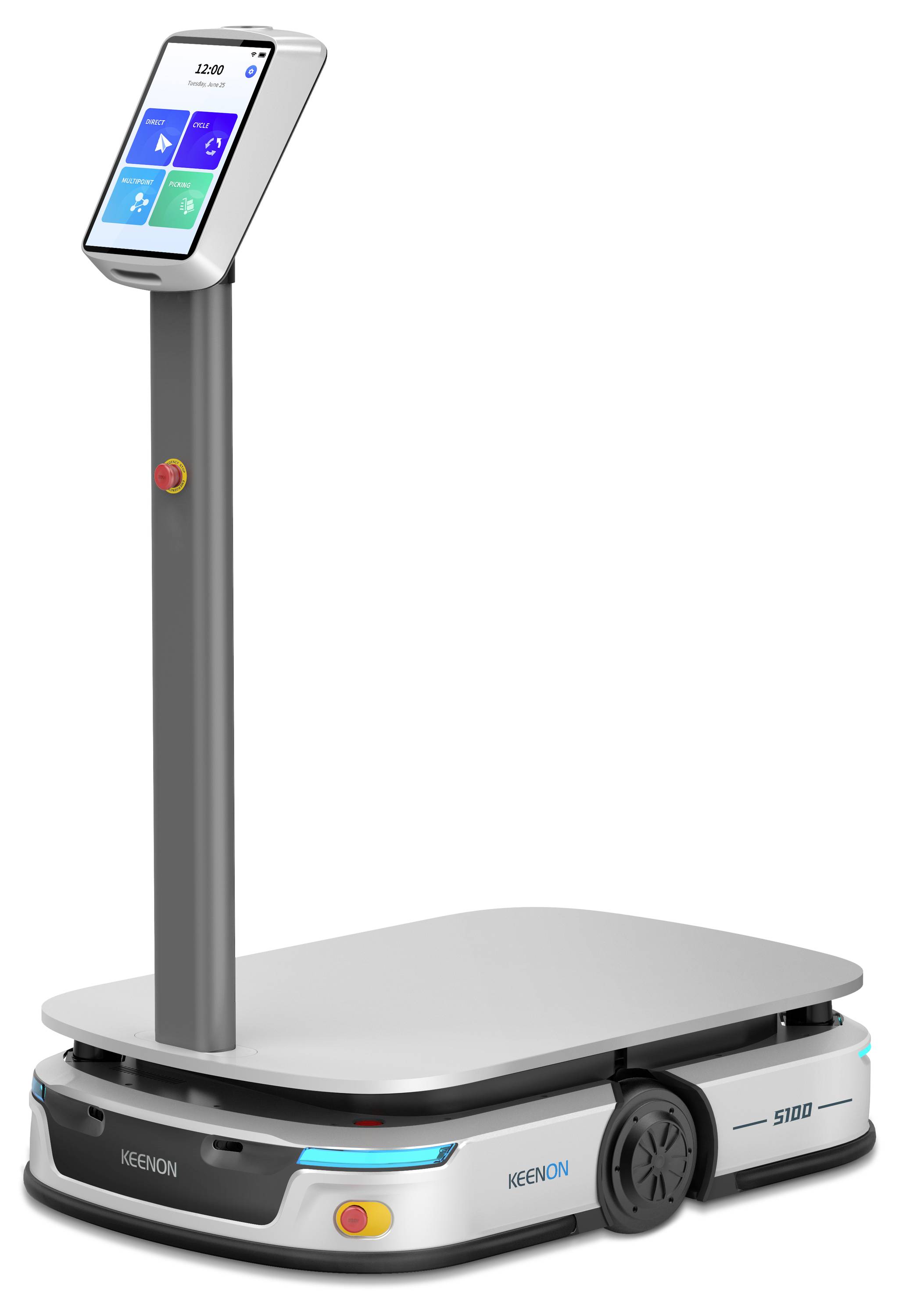 Autonomer Rad-Serviceroboter mit Touchscreen-Display und Sensormast, entwickelt für den innenbetrieblichen Warenverkehr.
