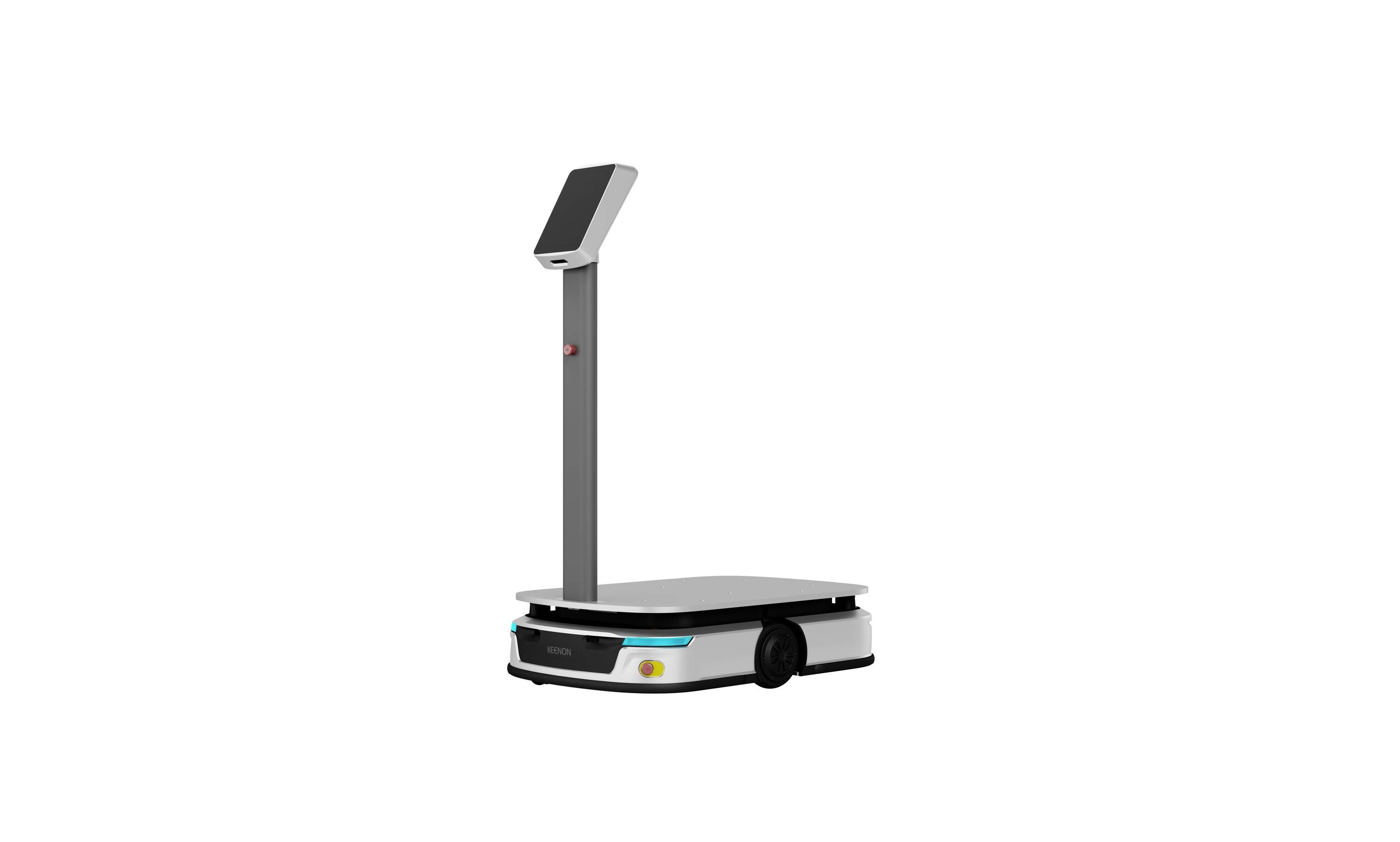 Autonomer Mobilroboter mit einem vertikalen Touchscreen-Kiosk auf der Oberseite, dargestellt vor weißem Hintergrund.