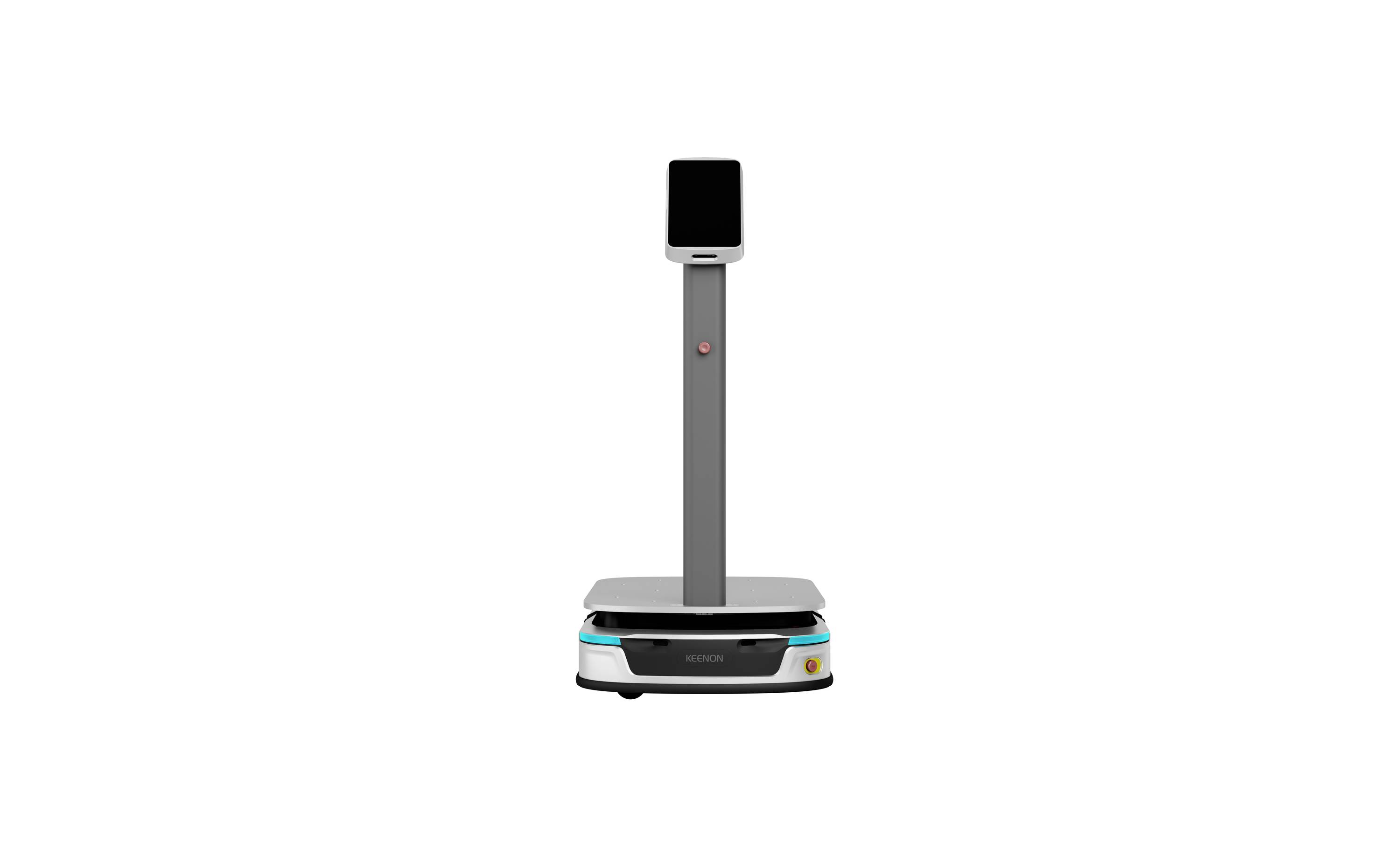 Ein kleiner autonomer Lieferroboter mit einem vertikalen Bildschirm/Turm und einer niedrigen Räder-Basis, dargestellt in der Mitte auf weißem Hintergrund.