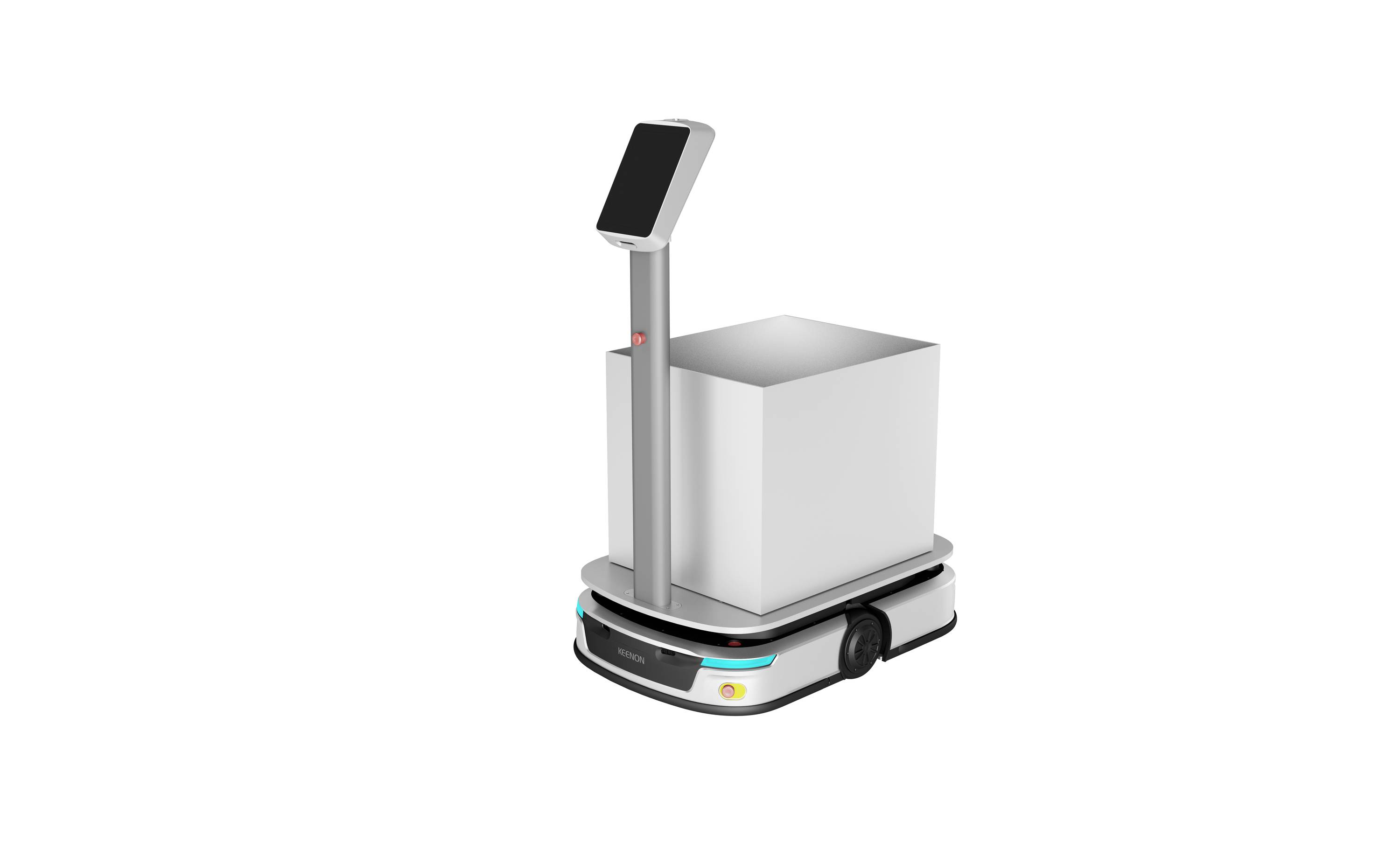 Autonomer Radlieferroboter mit einer Kiste, mit einem Touchscreen-Mast auf weißem Hintergrund.