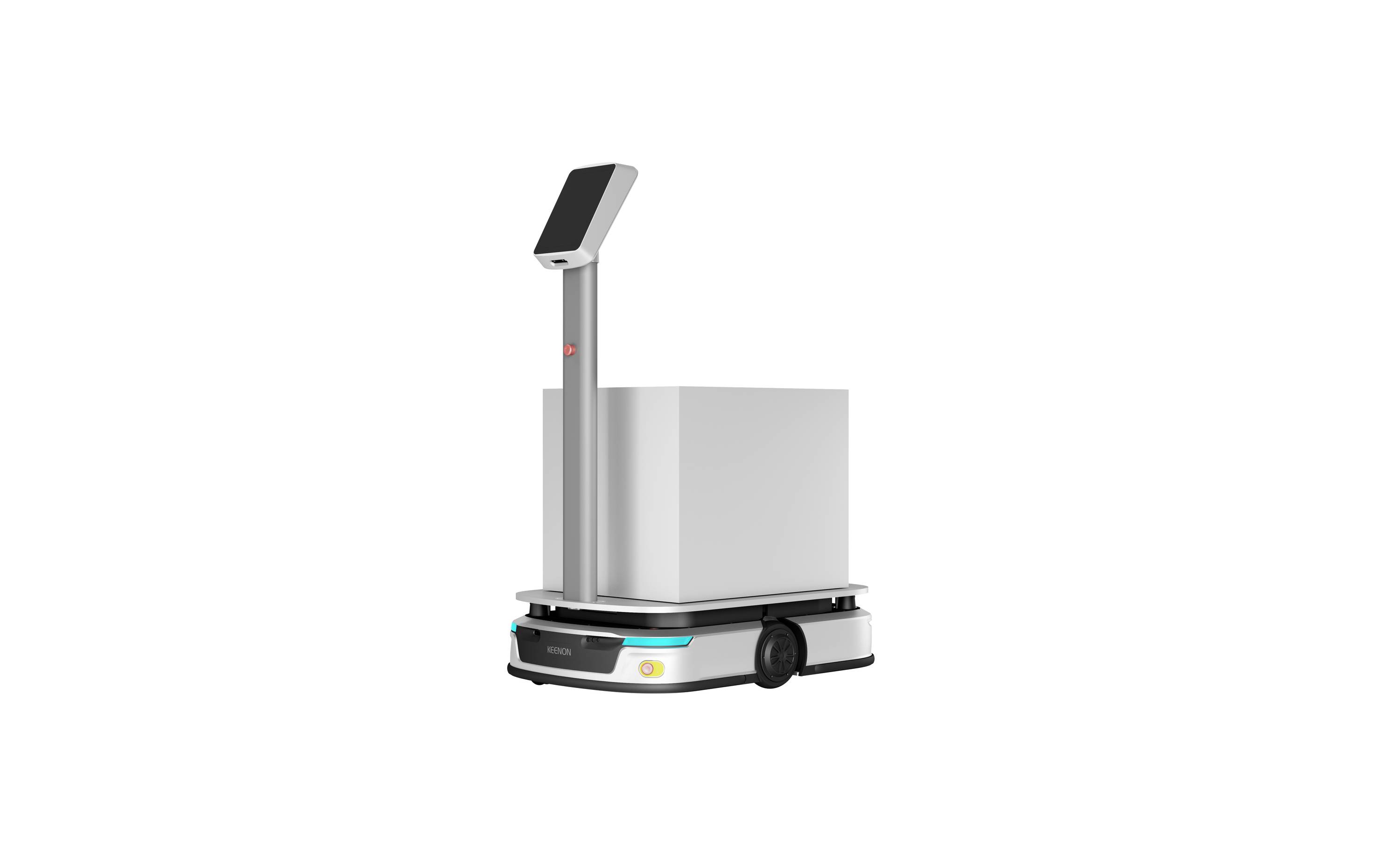 Autonomer mobiler Roboter mit einem hohen Sensormast und einer großen Ladebox auf einer Radbasis, dargestellt auf weißem Hintergrund.