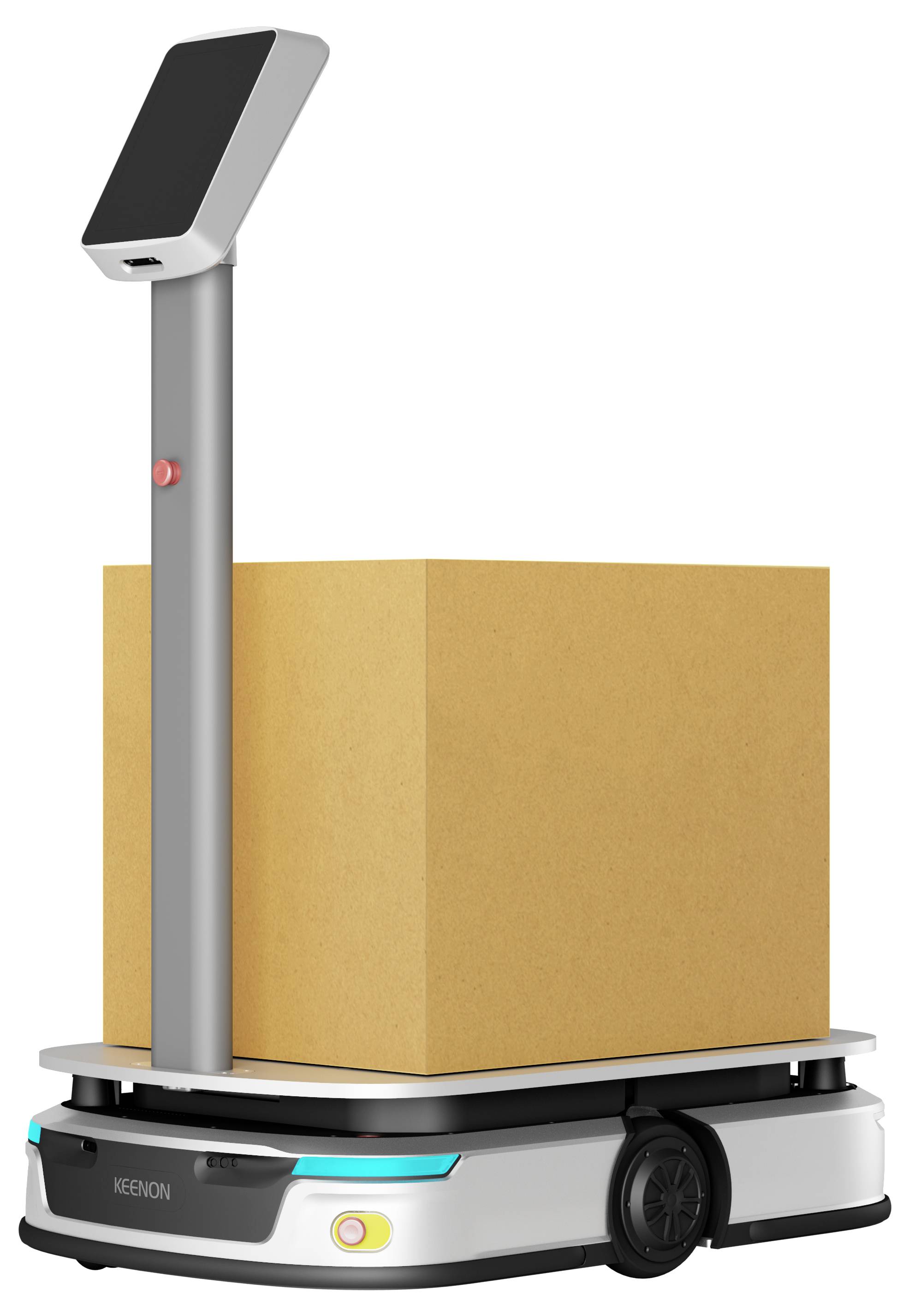 Autonomer Lagerhausroboter, der eine große Kartonbox auf einer flachen Plattform trägt, mit einem hohen Sensormast zur Navigation.