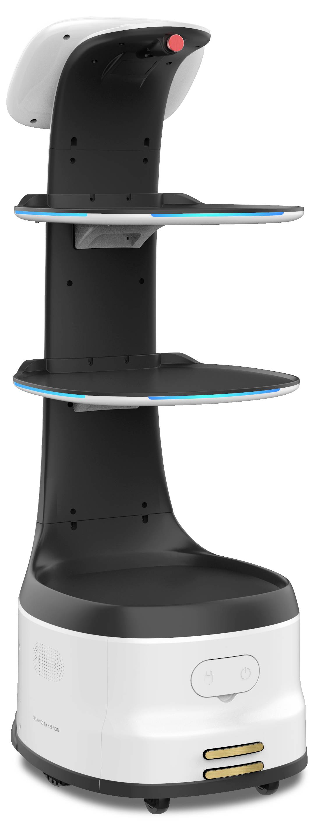 Autonomer Lieferroboter mit zwei kreisförmigen Regalen, schwarzweißem Gehäuse und frontalem Sensor, von der Seite auf weißem Hintergrund dargestellt.