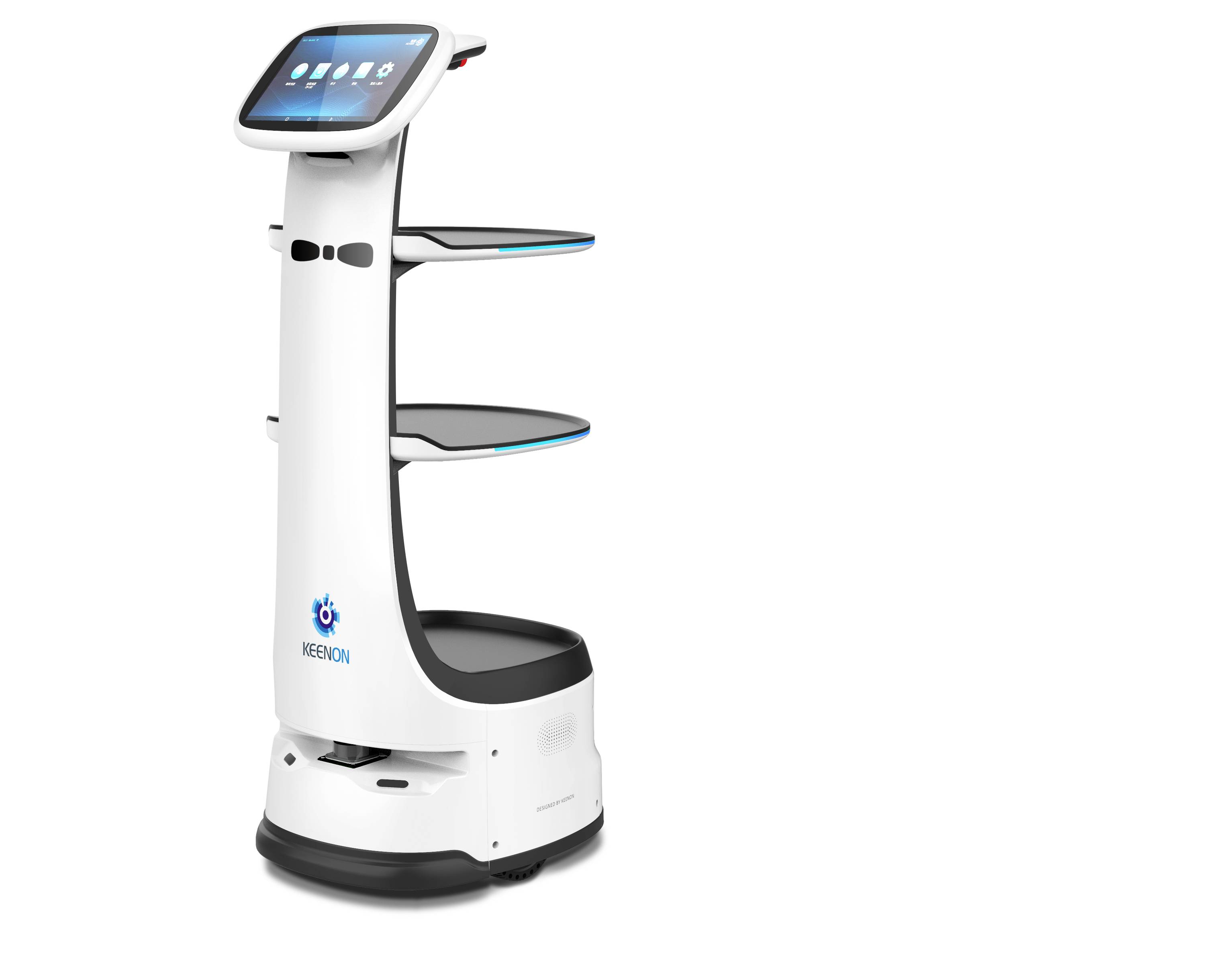Autonomer Serviceroboter mit Touchscreen-Kopf und drei seitlichen Regalen, auf weißem Hintergrund gezeigt, zum Liefern oder Transportieren von Gegenständen.