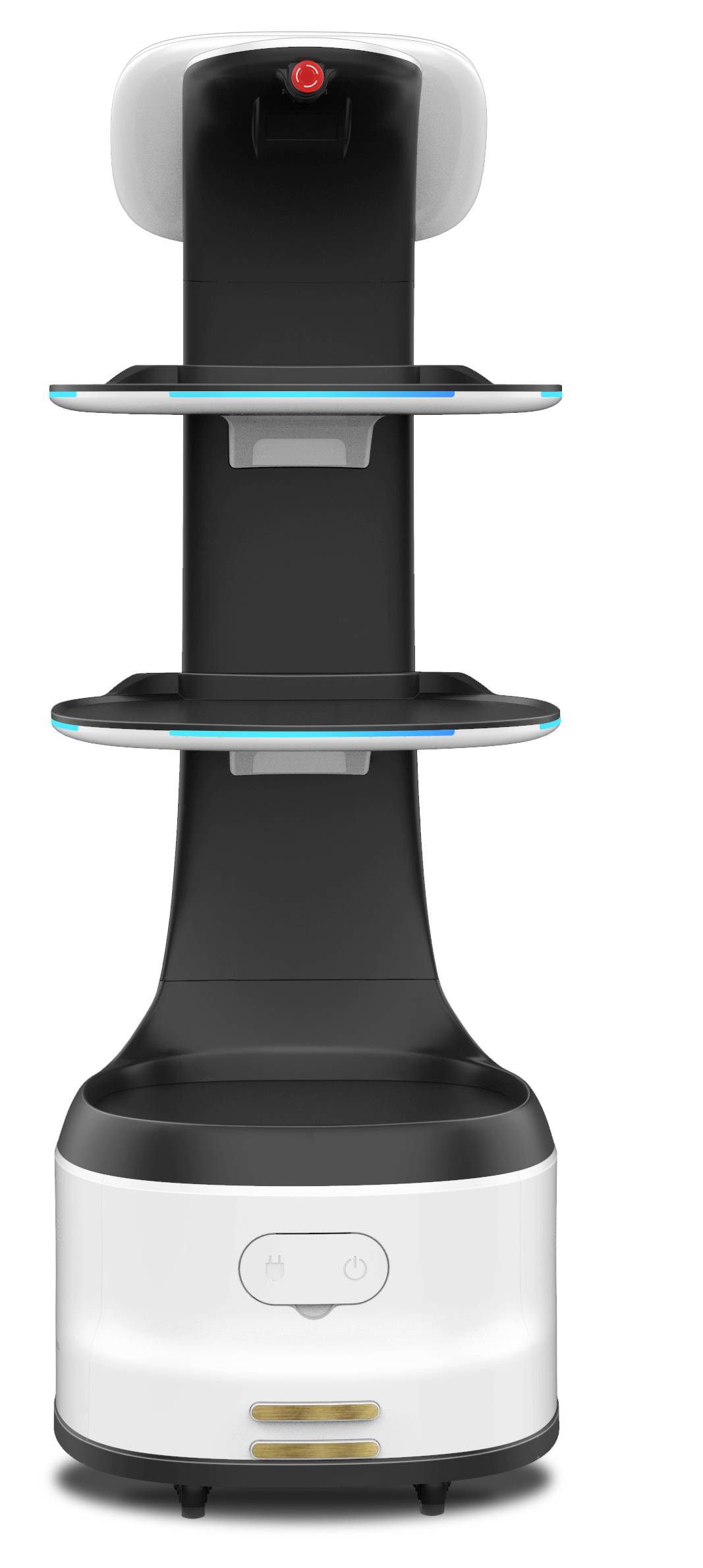 Ein schwarz-weißer Roboter mit Rädern, zwei Regalen und einem roten Kamerasensor oben.