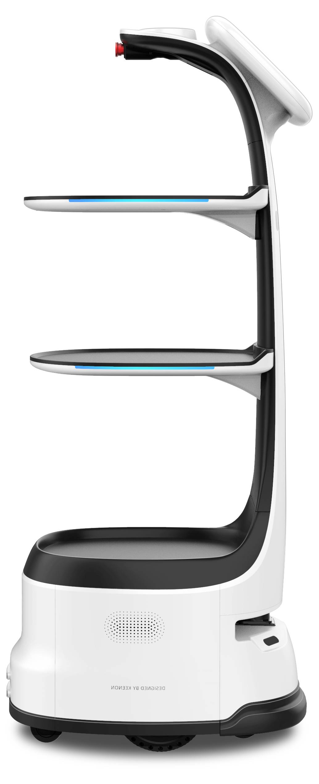 Futuristischer weiß-schwarzer Serviceroboter auf Rädern mit zwei Regalen und einem Sensor-Arm an der Oberseite, in Seitenansicht auf weißem Hintergrund dargestellt.