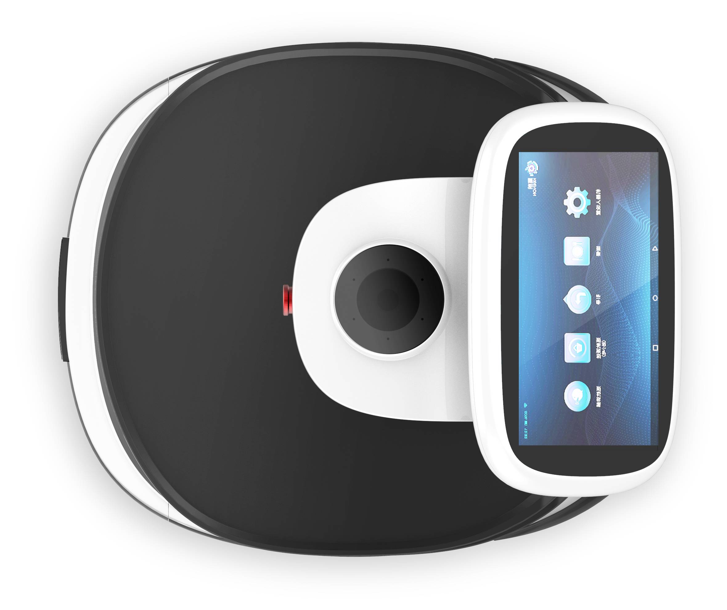 Draufsicht eines Roboterstaubsaugers mit integriertem Touchscreen-Display, das App-Symbole und Einstellungen anzeigt.